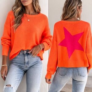 360Cashmere Neon Orange 100% Cashmere Star Sweater NWT Size S